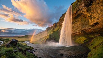 A waterfall at sunset, with the golden light illuminating the mist and creating a rainbow in the spray.