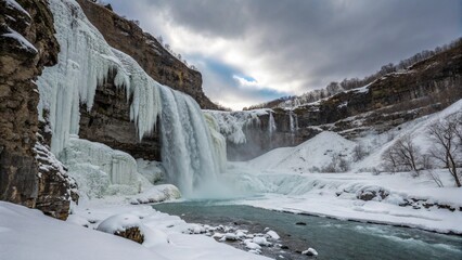 A frozen waterfall in the heart of winter, with massive icicles clinging to the rocks and snow covering the surrounding landscape. Highlight