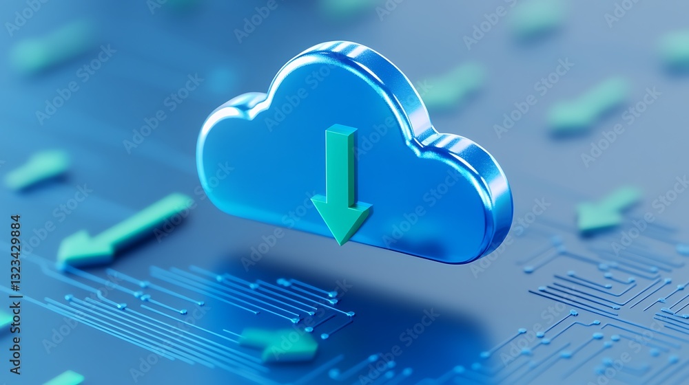 Poster 3d cloud with download arrow over circuit board background representing cloud computing and data tra