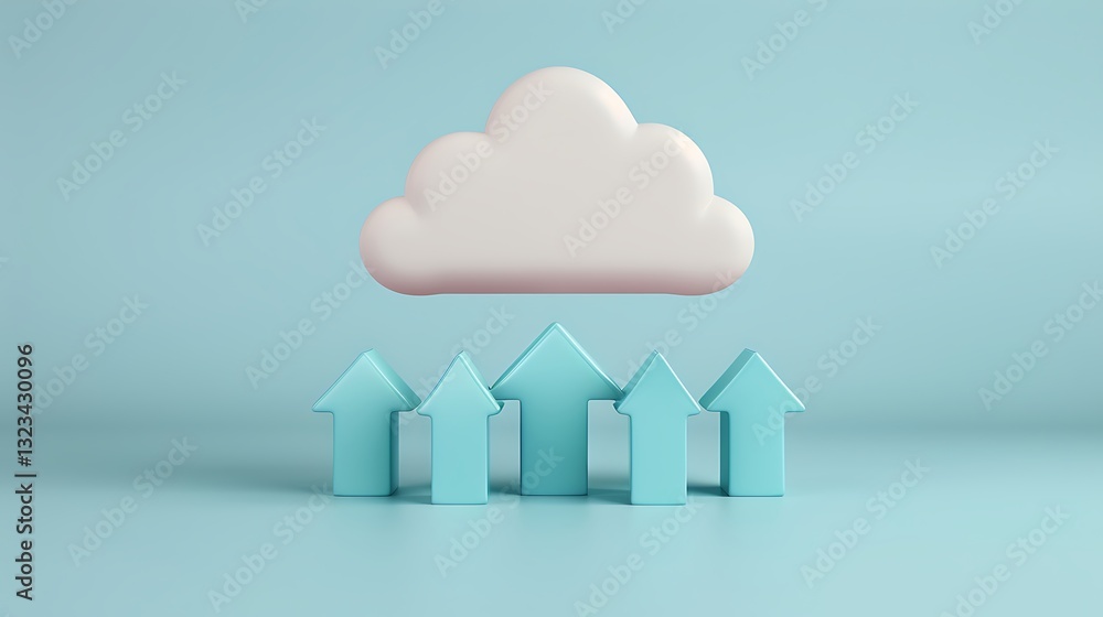 Poster 3d concept of cloud storage with upward arrows representing growth and data transfer on a soft blue 