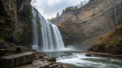 A long-exposure shot of a narrow, multi-tiered waterfall flowing down a rocky cliff face.