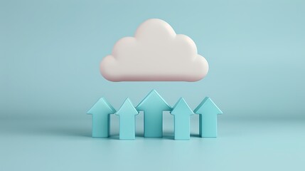 Fototapeta premium 3D Concept of Cloud Storage with Upward Arrows Representing Growth and Data Transfer on a Soft Blue Background