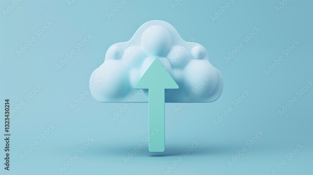 Poster 3d illustration of a cloud icon with an upward arrow for digital upload concept in soft blue color p