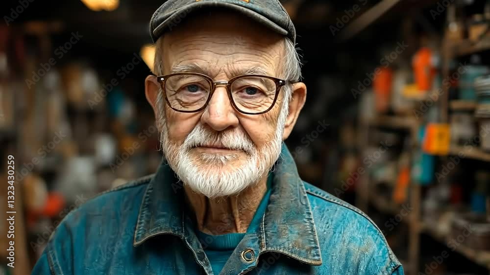 Poster man with a blue jacket and a hat is standing in a room. he is smiling and looking at the camera