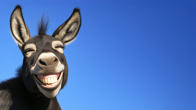 Funny Donkey Showing Teeth Against a Bright Blue Sky.