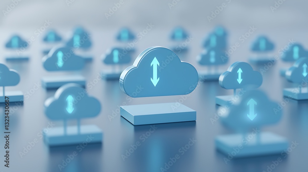 Poster 3d render of blue cloud icons with arrows signifying upload and download processes in digital enviro