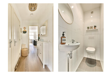 A chic and contemporary hallway leading to a stylish bathroom, featuring sleek design elements and a minimalistic aesthetic.