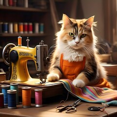 Beautiful maine coon cat sitting on a sewing machine in the workshop