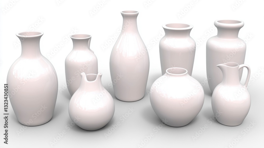 Poster collection of off white ceramic vases of varying shapes and sizes arranged on a white background. th