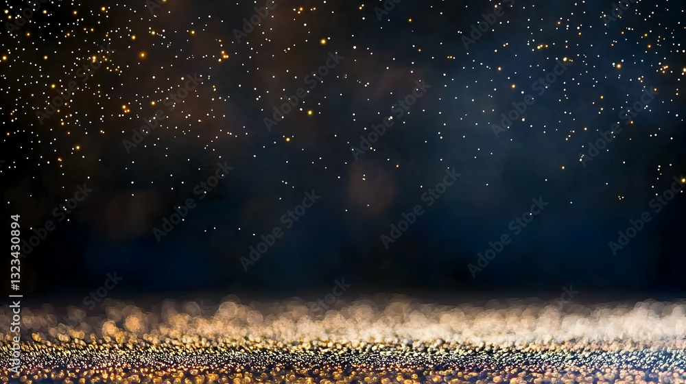 Poster abstract bokeh background featuring golden glittering particles against a dark blue and black backdr