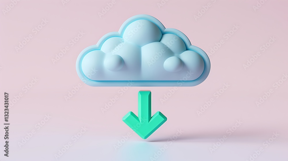 Poster abstract 3d cloud icon with downward arrow representing data download and digital storage concept