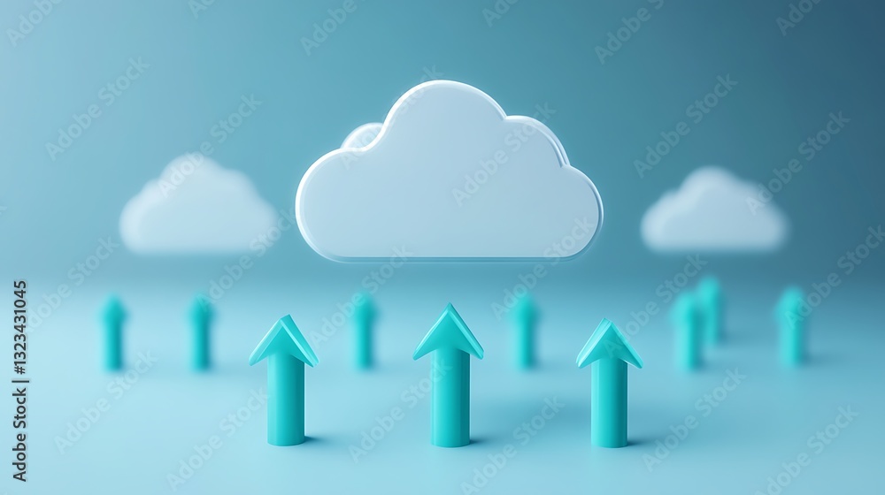 Poster abstract cloud computing concept with arrows representing data growth and storage solutions in moder