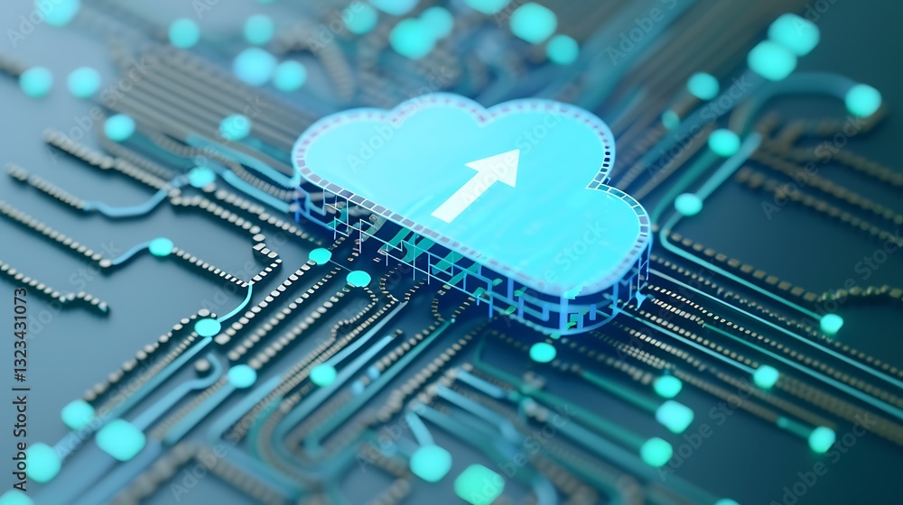 Poster abstract cloud computing concept with circuit board design and data upload icon representing digital