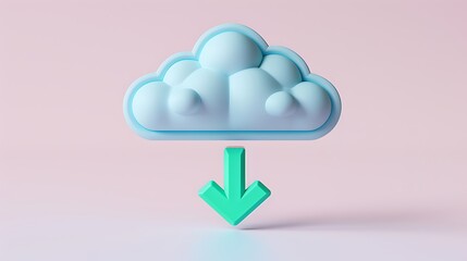Abstract 3D cloud icon with downward arrow representing data download and digital storage concept