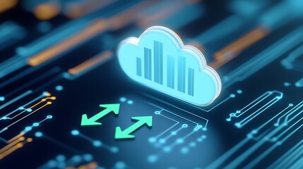 Abstract Cloud Computing Concept with Data Exchange Symbol and Circuit Board Background in Technology Illustration