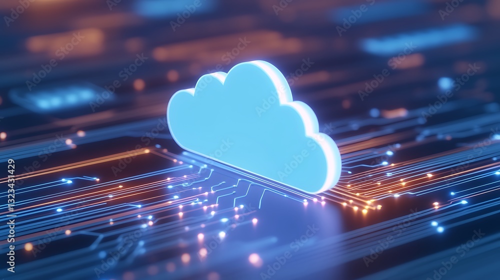Poster abstract cloud symbol surrounded by digital circuits representing cloud computing concept and techno