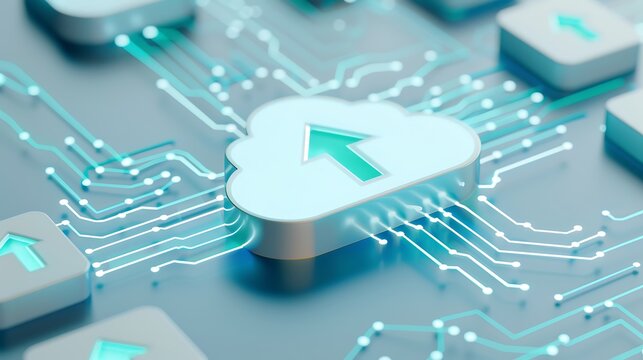 Abstract digital cloud technology concept with arrows, circuitry, and network connections in blue hues