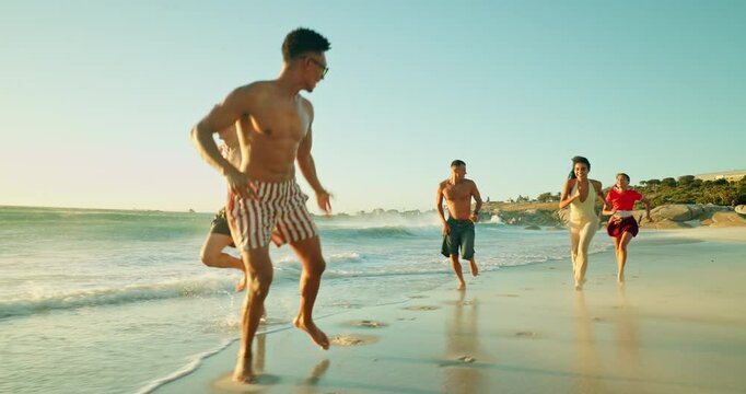Vacation, people and friends running at ocean for freedom, travel or excited for adventure. Outdoor, water and group at beach for holiday, follow and students jump with energy to celebrate gap year
