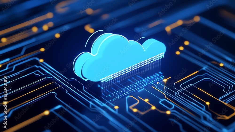 Poster abstract digital illustration of cloud computing concept with blue cloud on a futuristic circuit bac