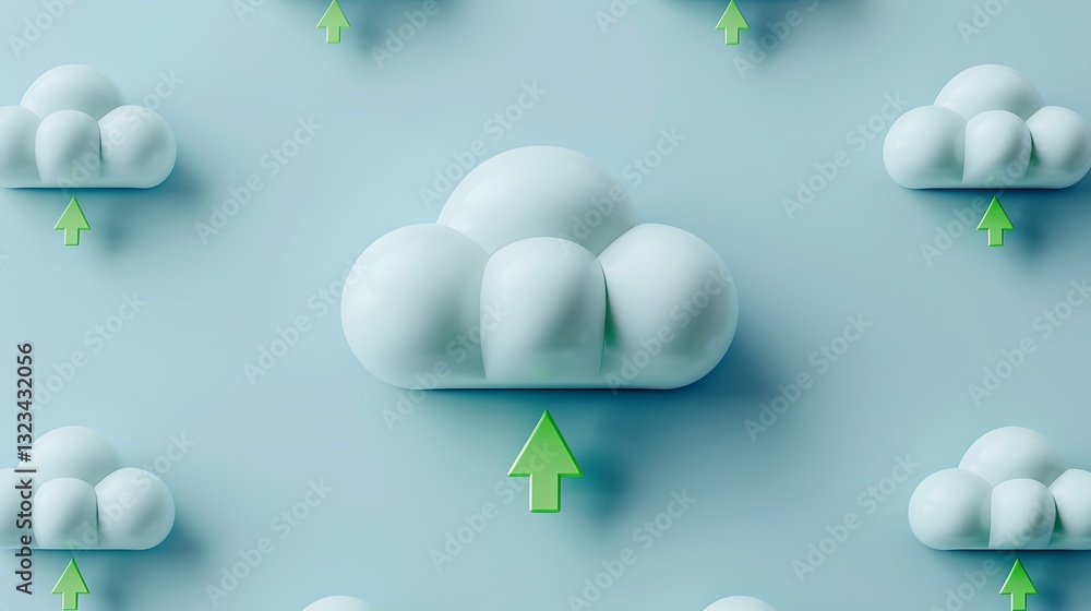 Poster abstract illustration of soft clouds with green upward arrows on a light blue background for digital