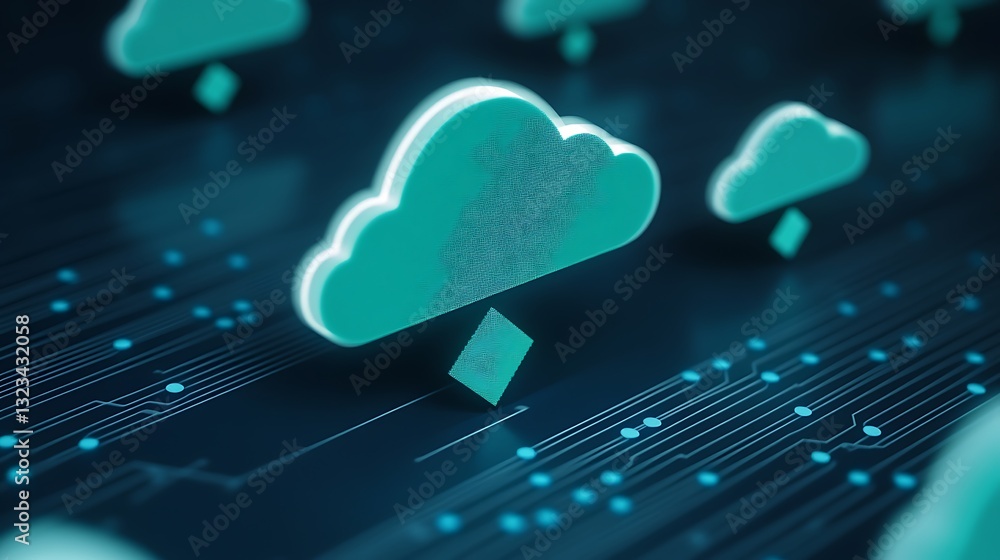 Poster abstract illustration of digital clouds and technology circuits with blue hues representing data and