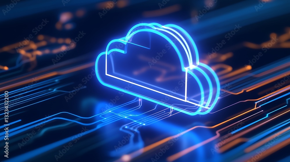 Poster abstract neon cloud symbol on circuit board background representing digital technology and cloud com
