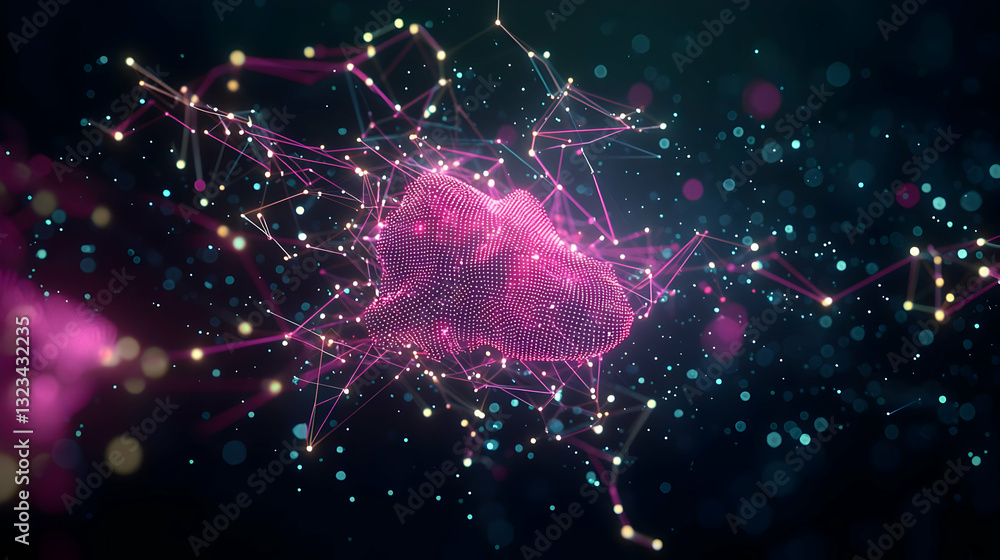 Poster abstract digital brain network with glowing points and lines in blue pink and yellow with dark backg