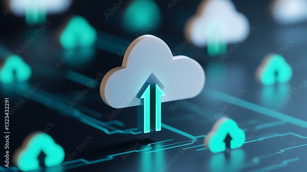 Poster abstract representation of cloud computing technology with arrows illustrating data upload and inter