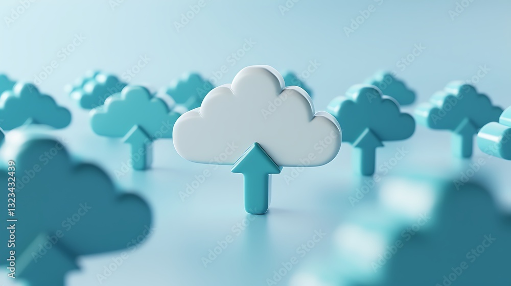Poster abstract representation of cloud computing technology with multiple clouds and a prominent upward ar