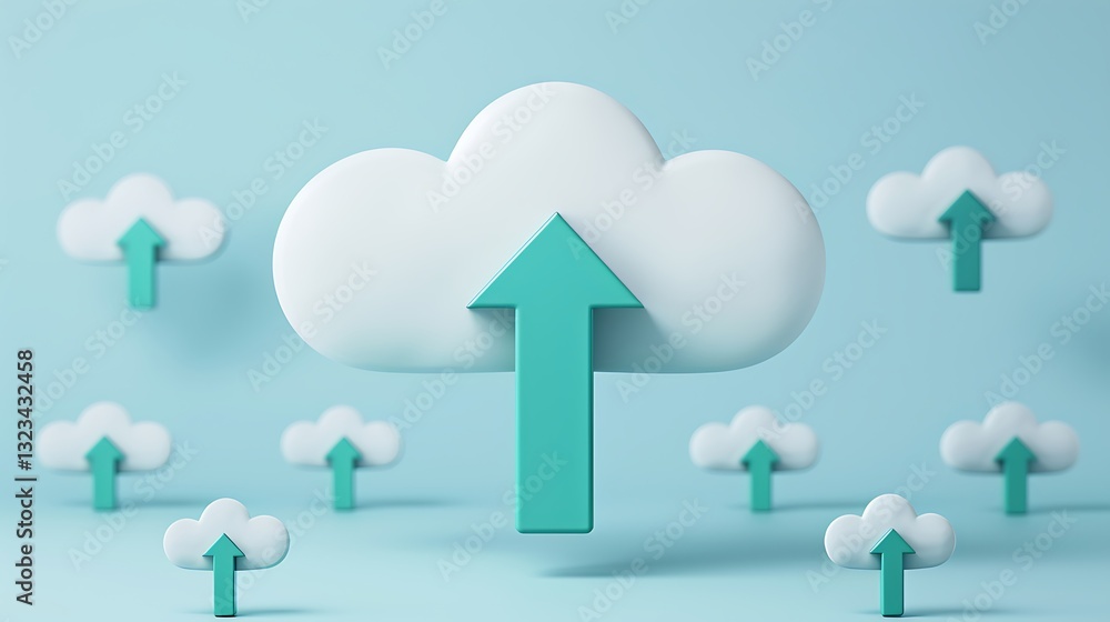 Poster abstract representation of cloud computing technology with upward arrow indicating data transfer and