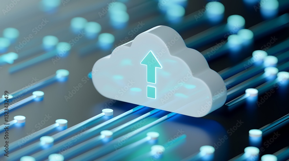 Poster abstract representation of cloud computing with data flow and upload symbol in a technological envir