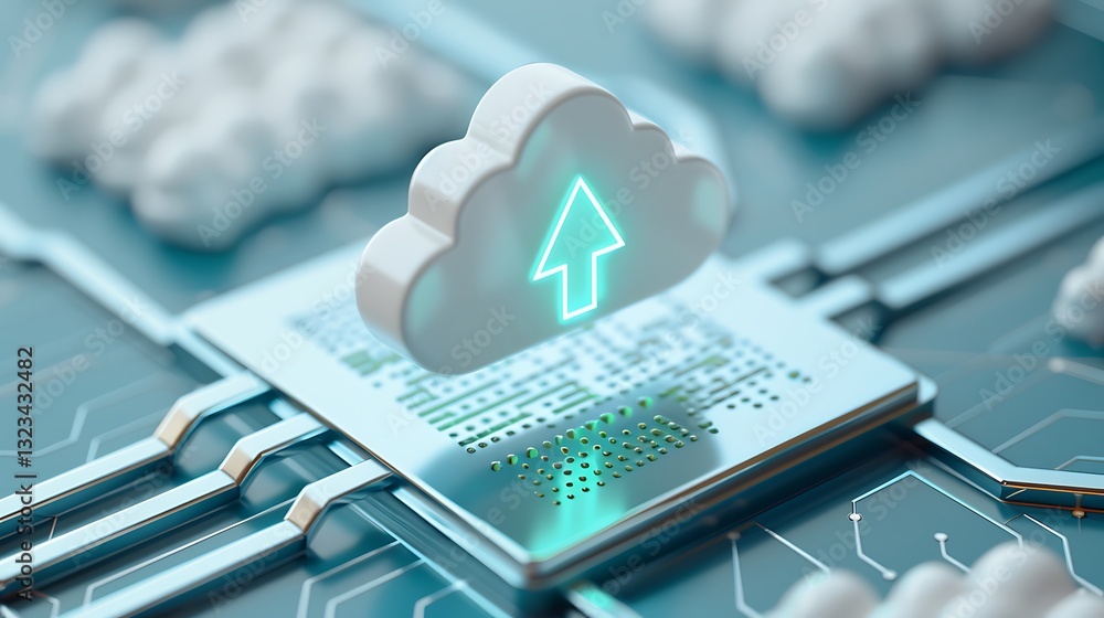 Poster Abstract representation of cloud computing with data upload symbol and digital circuit patterns on blue background