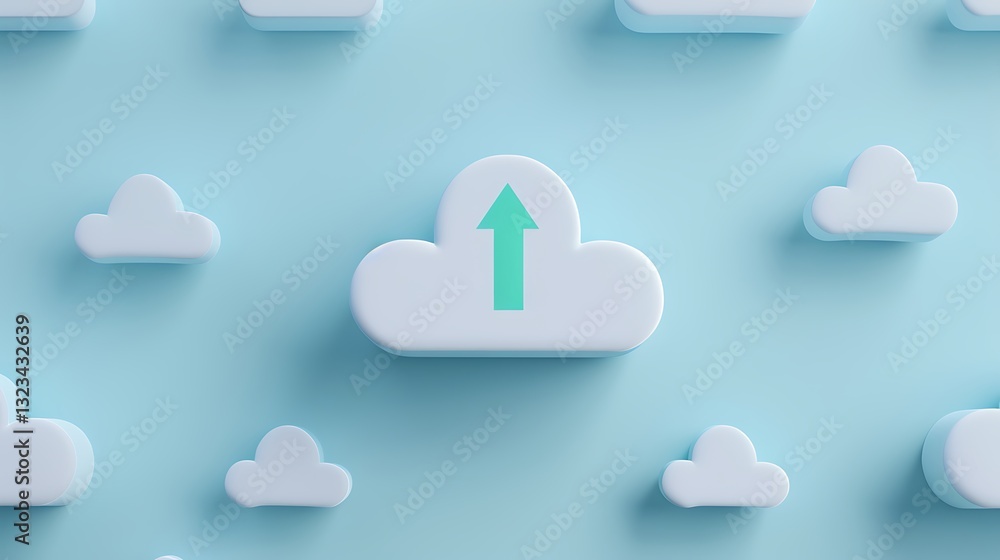 Poster abstract representation of cloud storage with upload symbol and soft clouds on a blue background