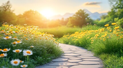 Obraz premium Sunlit Garden Path Lined With Blooming Yellow And White Flowers