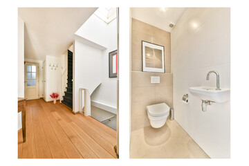 A stylish interior featuring a well-lit hallway and a contemporary bathroom. The design emphasizes clean lines and elegant fixtures for a modern living experience.