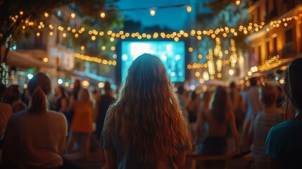 Outdoor Cinema Magic A Large Crowd Enjoys a Movie Under Twinkling Lights on a Summer Night.