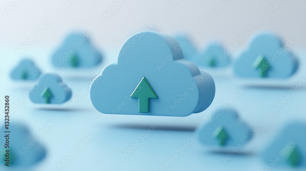 Poster blue 3d cloud icons with green upward arrow representing online data upload and storage concept