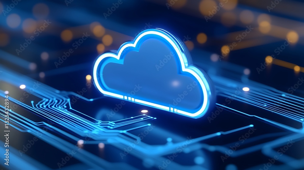 Poster blue cloud icon on circuit board background representing cloud computing technology and digital data
