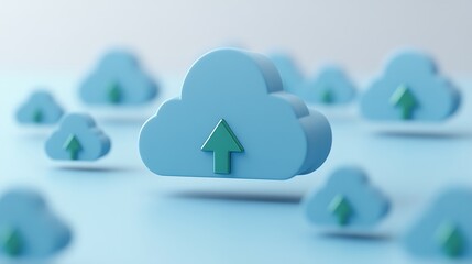 Blue 3D Cloud Icons with Green Upward Arrow Representing Online Data Upload and Storage Concept