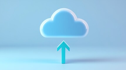 Blue cloud icon with upward arrow on soft blue background representing data upload and cloud computing concept