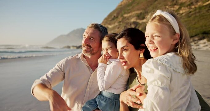 Smile, parents and kids with hug at beach for summer vacation, travel trip and bonding together. Family, children and embrace for ocean destination of tropical holiday, weekend getaway and affection