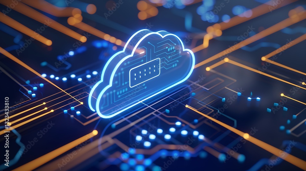 Poster blue neon cloud symbol with circuit board design illustrating digital data storage and technology co