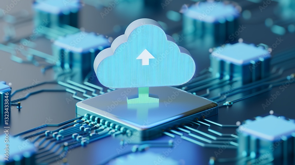 Poster cloud computing concept on circuit board with cloud symbol and upload arrow in technology background