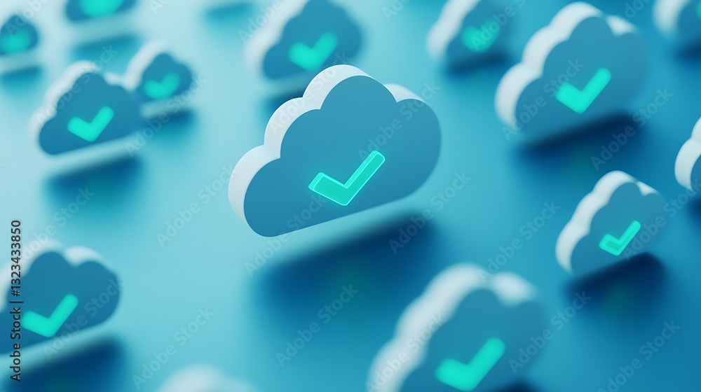 Poster cloud computing concept illustrated with floating checkmark icons on a soft blue background