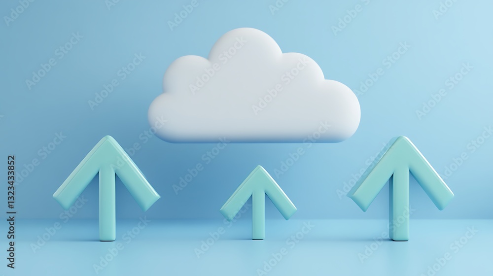 Poster cloud computing concept represented with arrows raising towards a cloud in a blue background setting