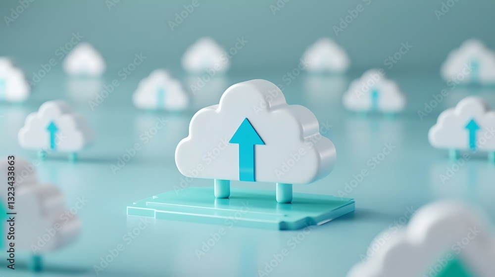 Poster cloud computing concept with 3d cloud icons and upward arrows for digital innovation and data manage