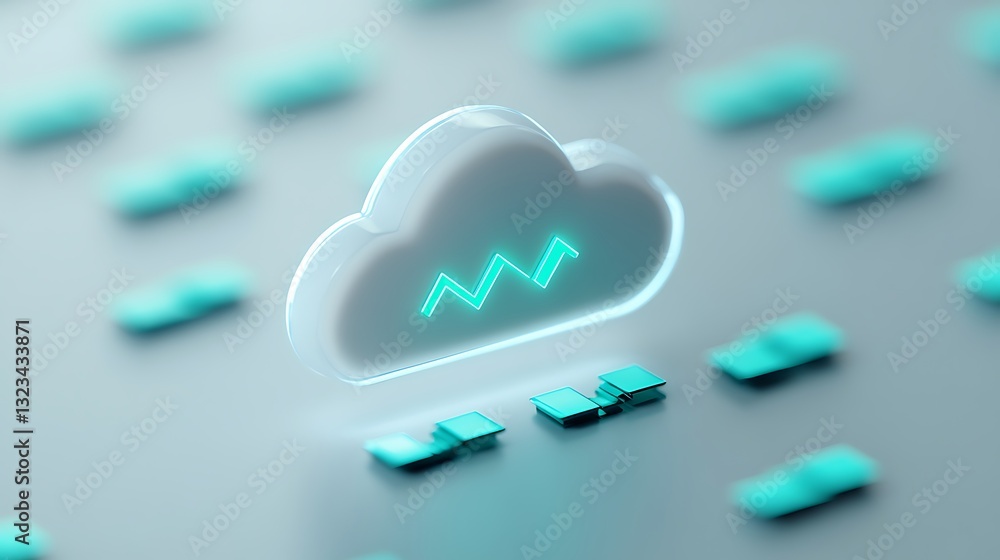 Poster cloud computing concept with abstract data visualization and neon graph in modern digital environmen