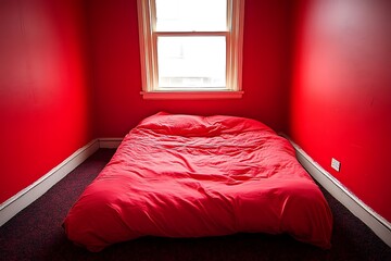 Simple Red Bedroom Minimalist Single Bed, Daylight Window