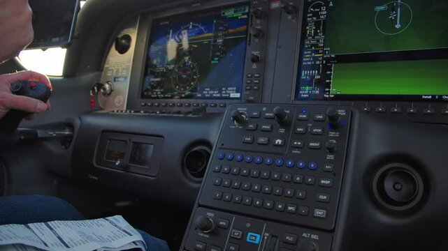 Private Airplane Modern Dual Display Cockpit Instrument Panel Close Up