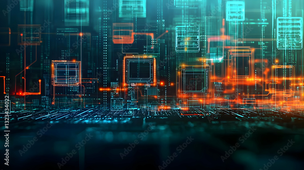 Poster abstract digital network data flow with blue and orange glowing lines and connections
